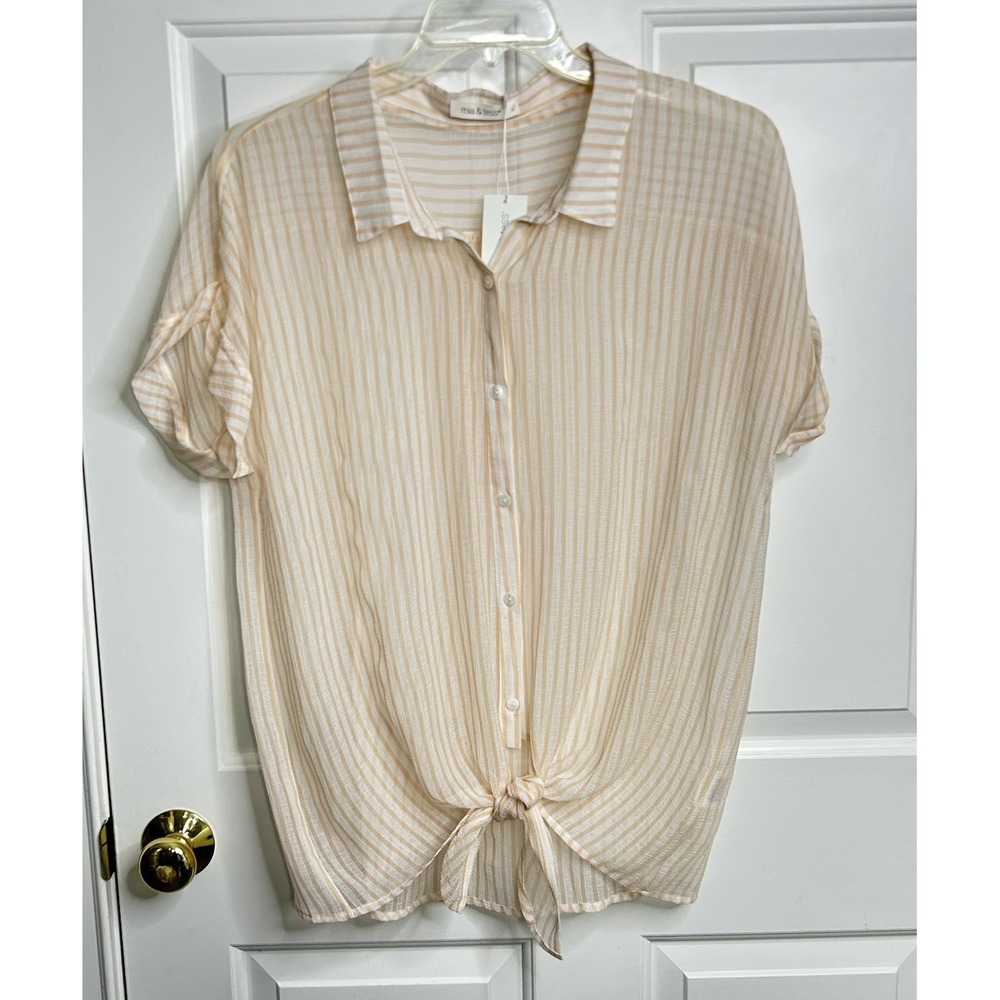 Mia & Tess Sheer Top Button Front Tie Knot Women's XL Peach Striped Coastal NWT